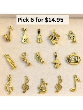 Music Charms Goldtone Pick 6 of 15 Musical Instruments Jewelry Making Supplies
